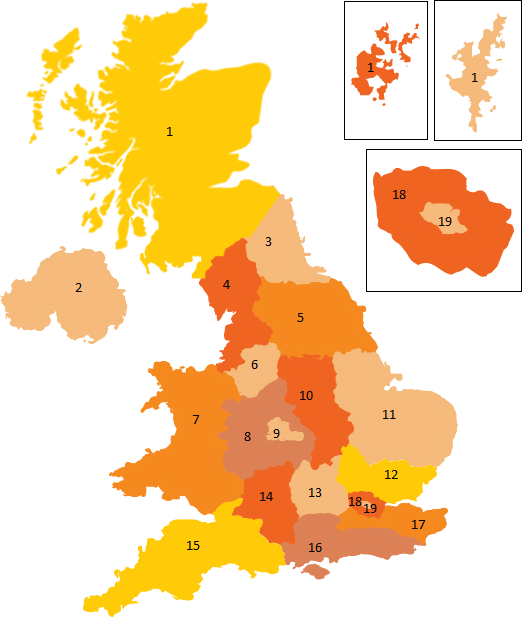 Map of UK showing regions