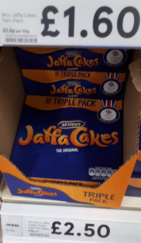 Jaffa cakes photo showing a label for 20 cakes at £1.60 and 30 cakes at £2.50. Photo taken at Tesco